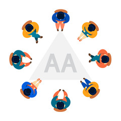 Colorful clip art of an arial view of 8 people sitting in a circle around a triangle, presumably on the floor, that says "AA" and meant to represent Alcoholics Anonymous.